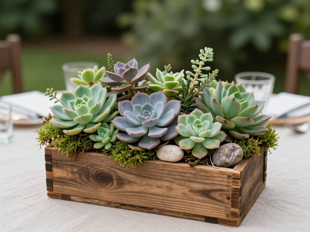 succulent wedding centerpiece in wooden box
