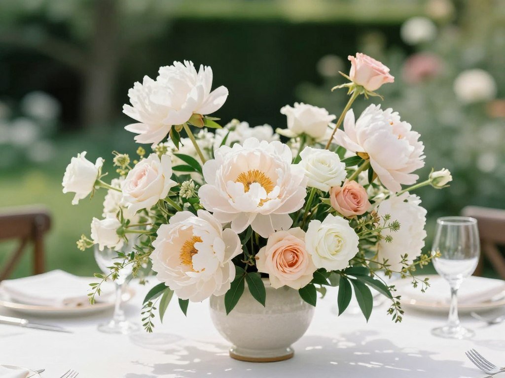 summer garden wedding centerpiece with peonies and roses