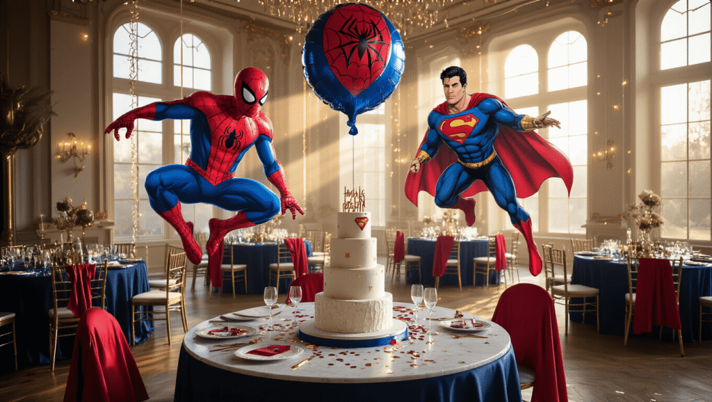 Cinematic wide shot of an elegant superhero-themed birthday party in a ballroom, featuring oversized Spider-Man and Superman foil balloons, a three-tiered birthday cake, personalized capes, fairy lights, and rich textures, creating a warm and inviting atmosphere.