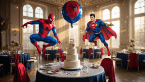 Cinematic wide shot of an elegant superhero-themed birthday party in a ballroom, featuring oversized Spider-Man and Superman foil balloons, a three-tiered birthday cake, personalized capes, fairy lights, and rich textures, creating a warm and inviting atmosphere.