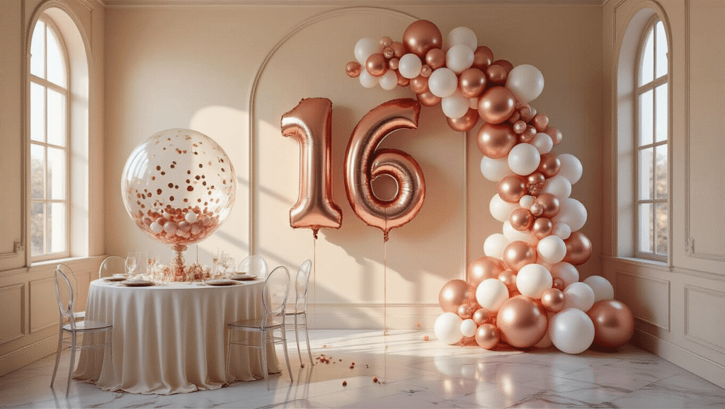 A photorealistic wide-angle shot of a Sweet 16 party venue with an elegant rose gold and blush pink balloon garland, giant "16" metallic balloons, and a bubble balloon centerpiece on a round table.