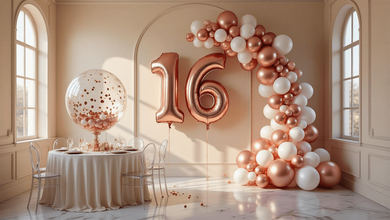 A photorealistic wide-angle shot of a Sweet 16 party venue with an elegant rose gold and blush pink balloon garland, giant "16" metallic balloons, and a bubble balloon centerpiece on a round table.