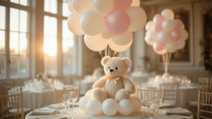 Cinematic medium shot of an elegant ballroom with golden hour lighting, showcasing a DIY floating teddy bear balloon centerpiece. Plush white teddy bear tethered to a pole surrounded by white latex balloons, with pastel pink and cream balloons above. Soft light illuminates silk table linens and delicate glassware, creating a warm and inviting atmosphere.