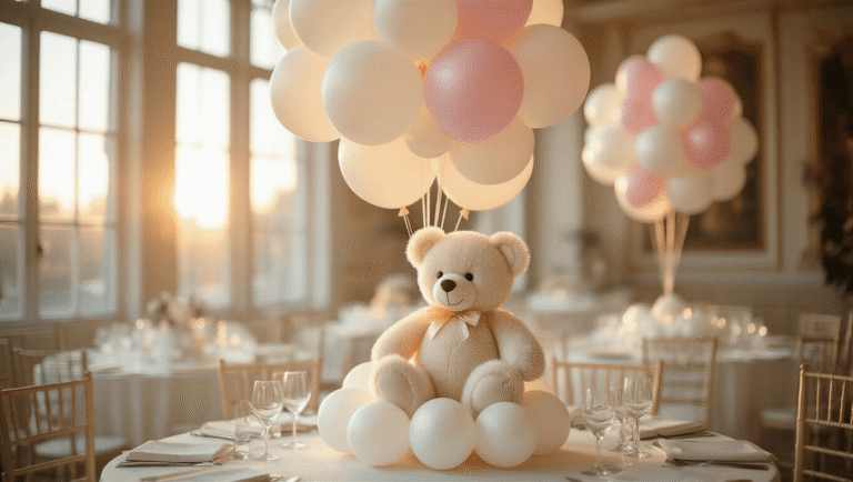 Cinematic medium shot of an elegant ballroom with golden hour lighting, showcasing a DIY floating teddy bear balloon centerpiece. Plush white teddy bear tethered to a pole surrounded by white latex balloons, with pastel pink and cream balloons above. Soft light illuminates silk table linens and delicate glassware, creating a warm and inviting atmosphere.