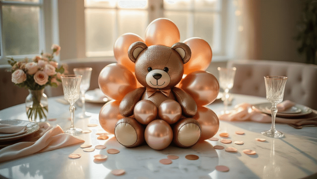 Cinematic overhead view of an elegant teddy bear balloon centerpiece on a white marble table, surrounded by rose gold and cream metallic balloons, with soft natural lighting, pastel confetti, and a warm golden hour glow, creating an intimate party atmosphere.