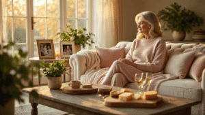 A cozy luxurious living room with warm golden light, featuring an elegant woman in a blush cashmere lounge set on an ivory velvet sofa, surrounded by thoughtful gifts like a plush throw, digital picture frames, potted plants, a massage pillow, and a cheese board with wine glasses, all set against a warm cream and dusty rose color palette.