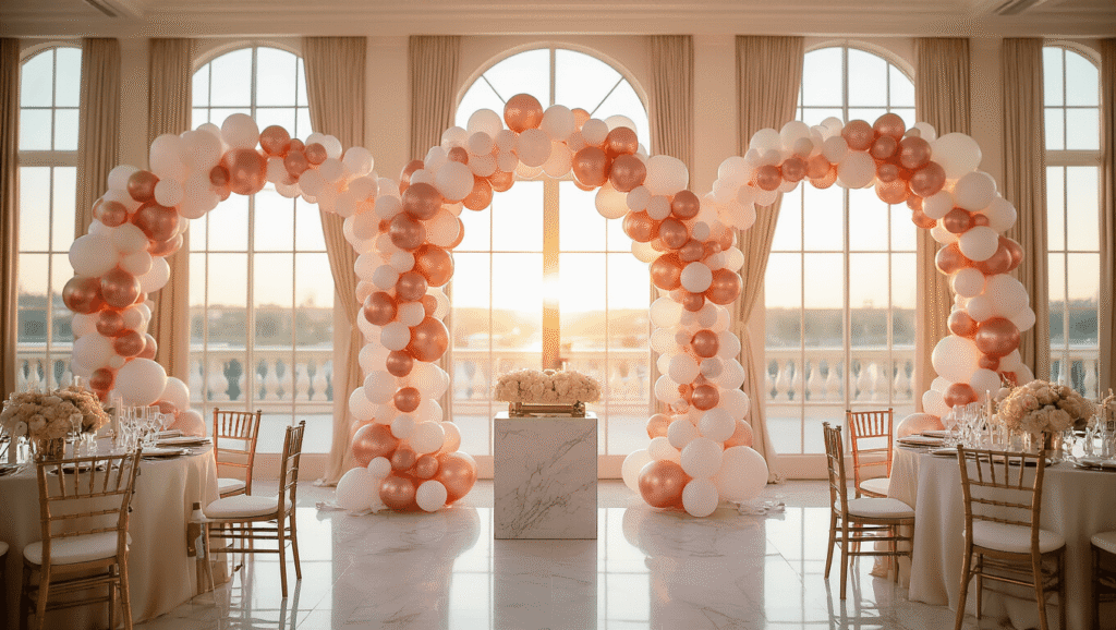 Elegant ballroom setup featuring three balloon arches in rose gold, blush pink, and white, with warm lighting and luxurious decor, including silk linens and floral centerpieces.