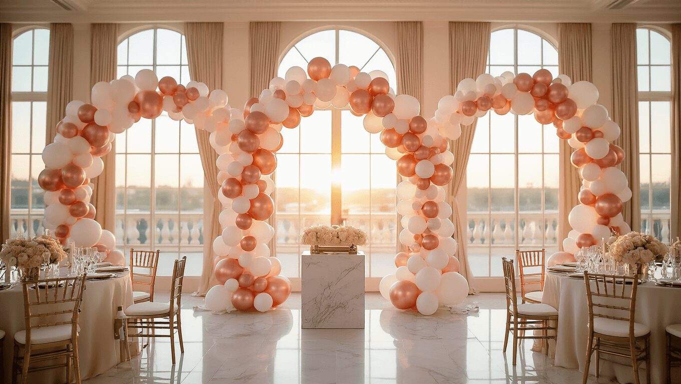 Elegant ballroom setup featuring three balloon arches in rose gold, blush pink, and white, with warm lighting and luxurious decor, including silk linens and floral centerpieces.