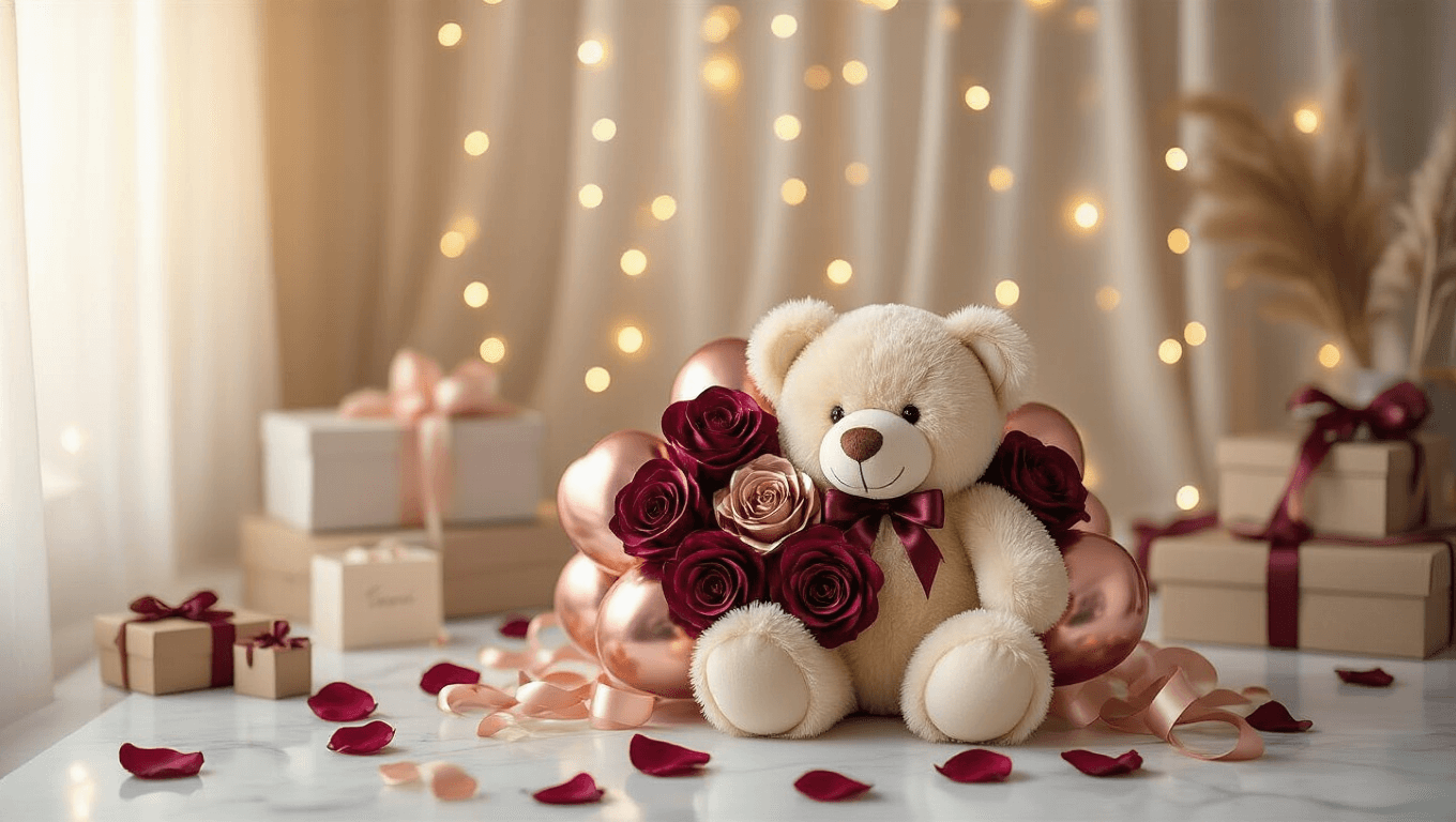 Cinematic close-up of a luxurious Valentine's balloon bouquet with burgundy and rose gold heart balloons, a plush cream teddy bear, silk ribbons, and scattered rose petals, all illuminated by warm golden hour light, creating an intimate romantic atmosphere with twinkling fairy lights and a soft bokeh background.