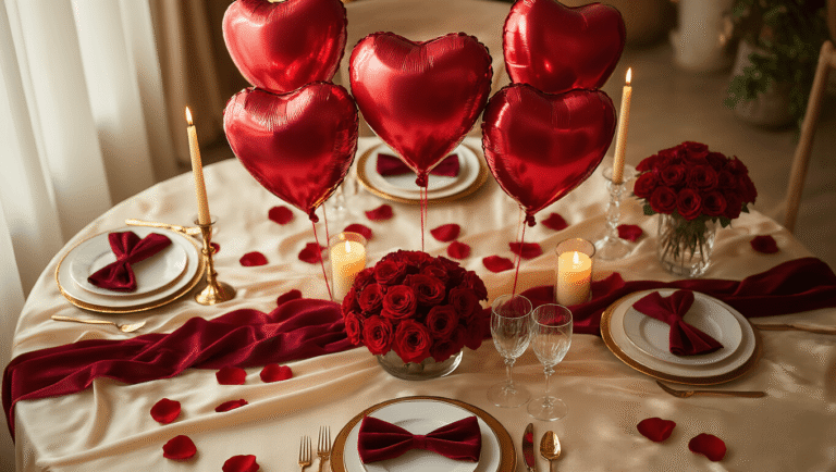 Cinematic overhead shot of an elegant Valentine's dinner table with glossy red heart balloons, cream silk tablecloth, scattered rose petals, flickering candlelight, and warm ambient lighting, creating a romantic and luxurious atmosphere.