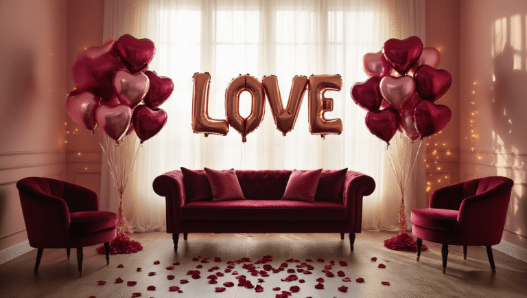 Cinematic shot of a Valentine's Day room with rose gold "LOVE" letter balloons, heart-shaped mylar balloons, soft golden hour lighting, silk rose petals, plush velvet furniture, and warm fairy lights, creating an intimate and romantic atmosphere.