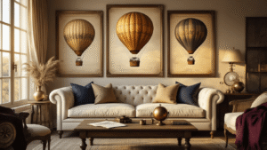 Elegant living room decorated with vintage hot air balloon accents, warm golden hour lighting, jewel-toned balloon prints in brass frames above a cream sofa, and soft textures creating a cozy, adventurous atmosphere.