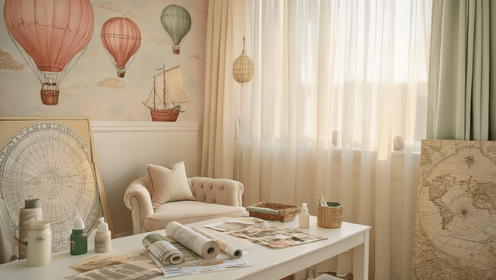 Cinematic wide shot of an elegant nursery featuring vintage hot air balloon wallpaper in soft blush tones, warm golden hour lighting, and a textured cream velvet chair, surrounded by design samples and eco-friendly installation tools, creating a cozy reading nook atmosphere.