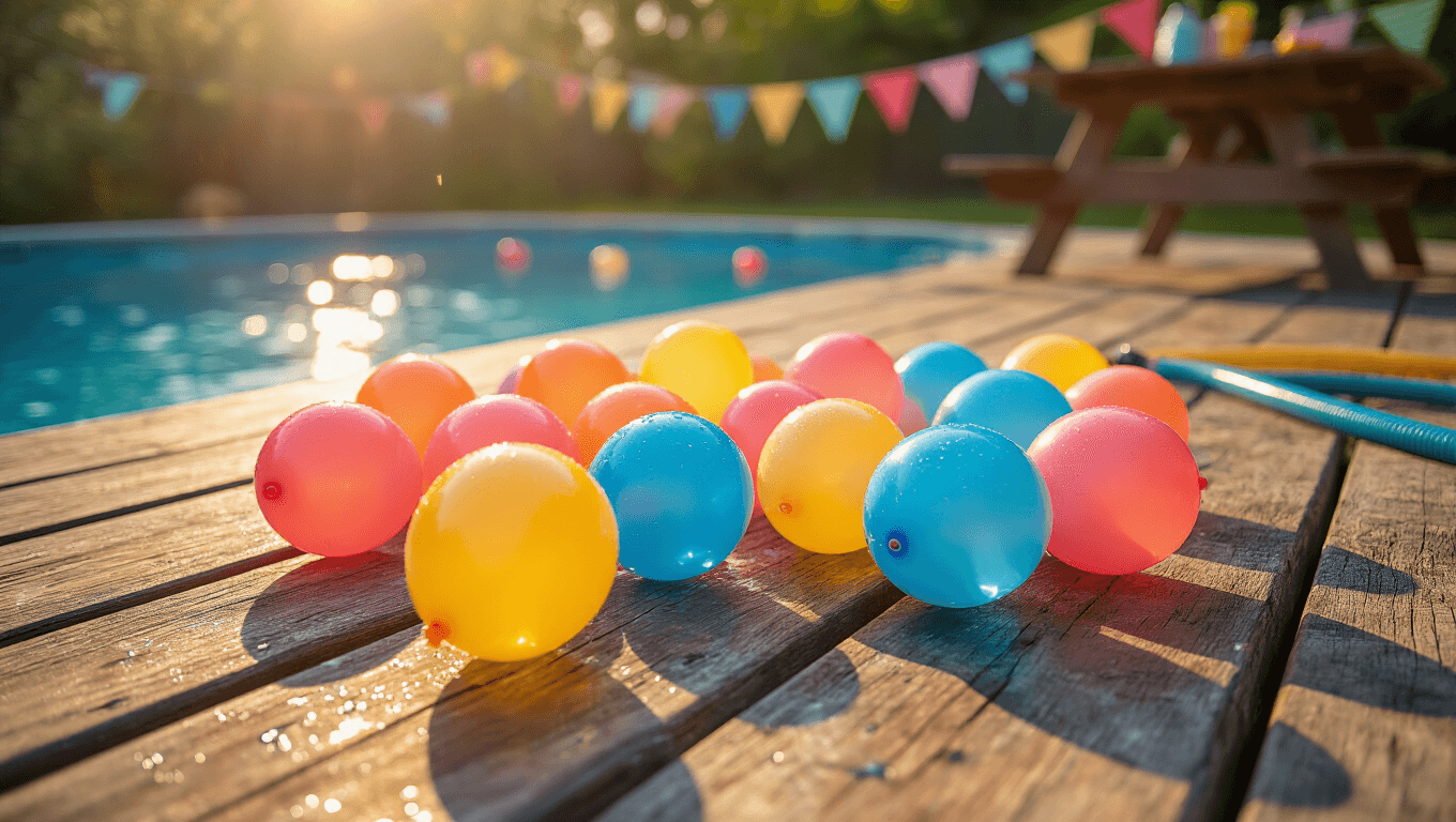 Cinematic close-up of colorful self-sealing water balloons in vibrant blues, coral pinks, and sunny yellows scattered on a weathered wooden pool deck, with glistening water droplets and a garden hose in the background, set against a warm summer atmosphere with soft picnic table and twinkling pool lights.