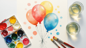 Cinematic overhead view of a watercolor painting in progress, featuring colorful balloons in coral, sky blue, and sunshine yellow on white paper, with a paint palette, brushes, glass jars reflecting morning light, and vibrant paint drops, capturing an inspiring artistic moment.