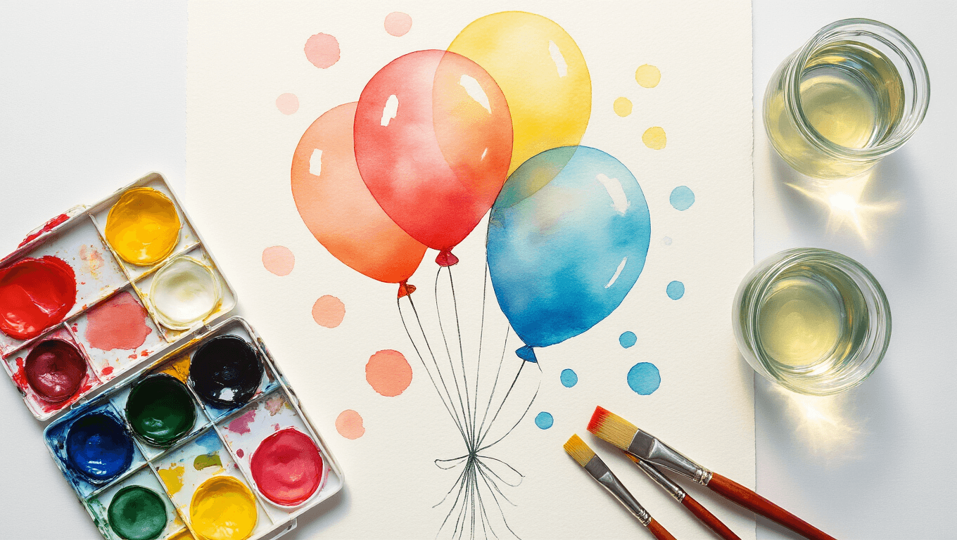 Cinematic overhead view of a watercolor painting in progress, featuring colorful balloons in coral, sky blue, and sunshine yellow on white paper, with a paint palette, brushes, glass jars reflecting morning light, and vibrant paint drops, capturing an inspiring artistic moment.