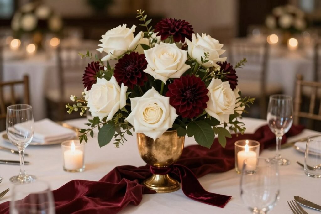wedding centerpiece with burgundy velvet ribbon