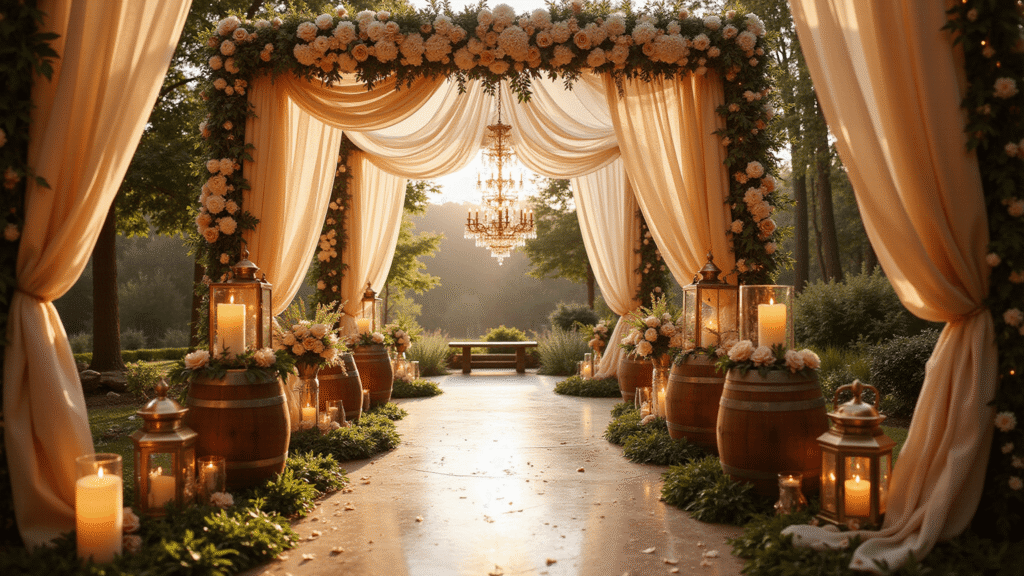 Cinematic wedding entrance illuminated by twinkling fairy lights, featuring a floral archway, vintage lanterns, and a stunning chandelier, creating a romantic and magical ambiance in golden hour light.