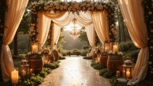 Popular Wedding Entrance Décor Ideas That'll Make Your Guests Gasp Cinematic wedding entrance illuminated by twinkling fairy lights, featuring a floral archway, vintage lanterns, and a stunning chandelier, creating a romantic and magical ambiance in golden hour light.