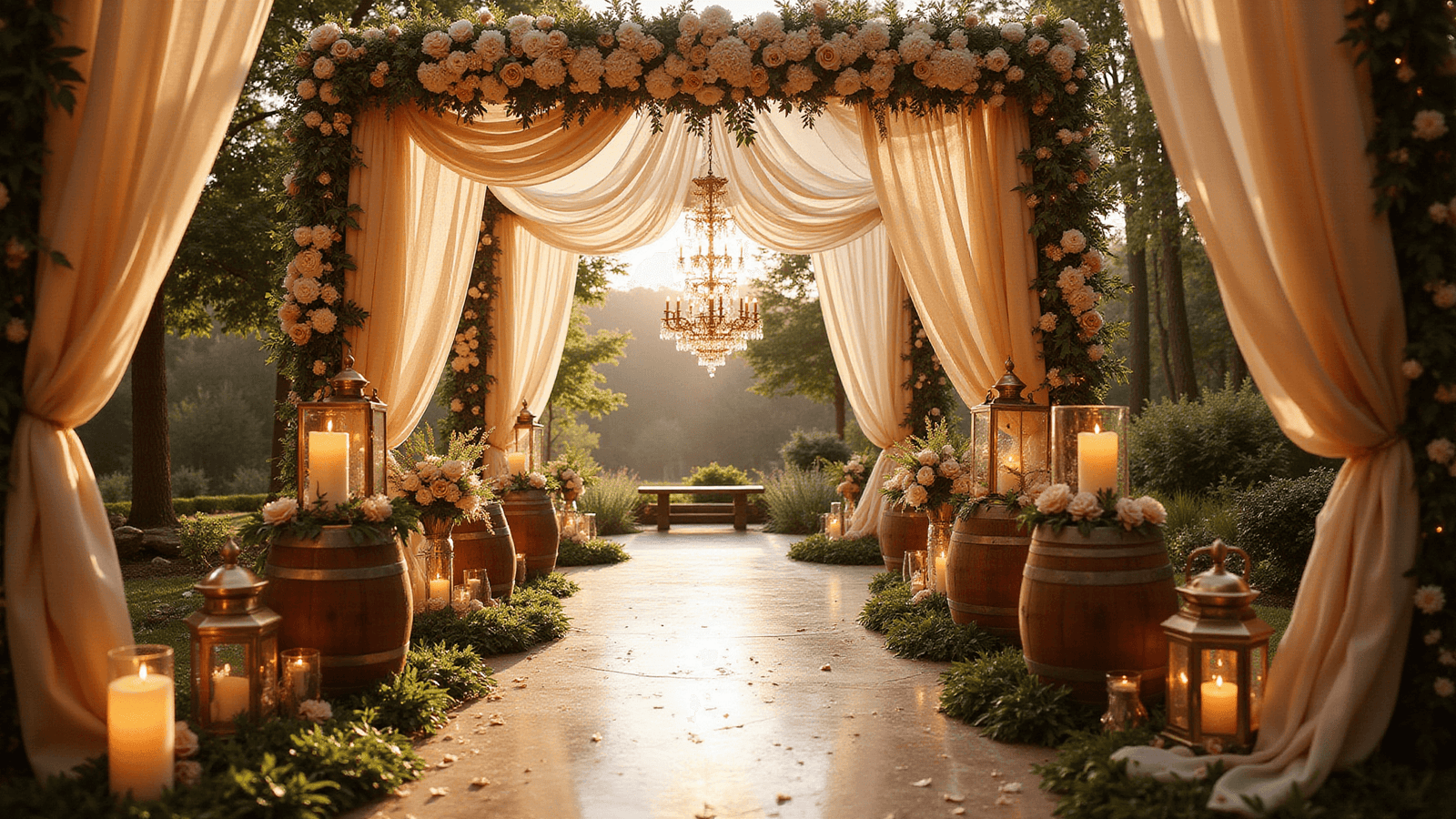 Cinematic wedding entrance illuminated by twinkling fairy lights, featuring a floral archway, vintage lanterns, and a stunning chandelier, creating a romantic and magical ambiance in golden hour light.