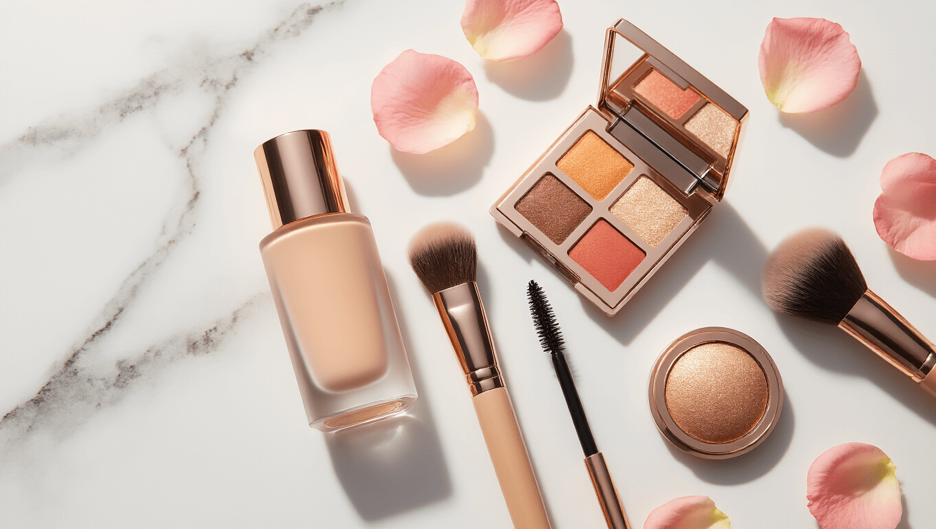 A flatlay of wedding guest makeup essentials on a clean white marble background, featuring a dewy foundation, a rose gold eyeshadow palette, a mascara wand, a fluffy blending brush, a champagne highlighter, and scattered blush pink rose petals, all illuminated by soft natural light.