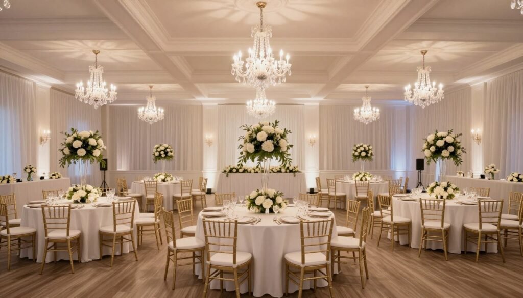wedding reception tables with elegant centerpieces in luxury ballroom venue