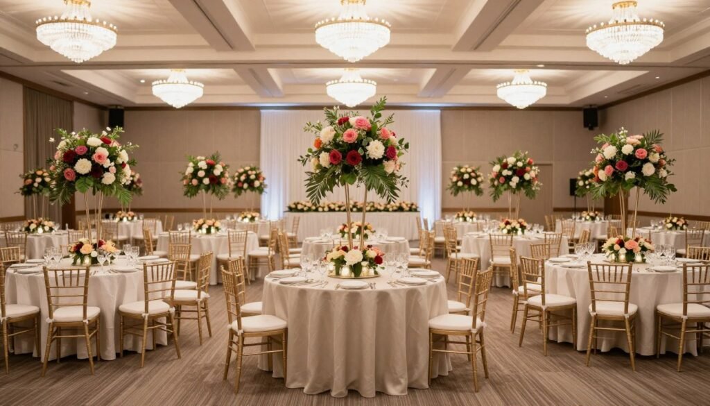 wedding reception with mixed tall and low centerpieces