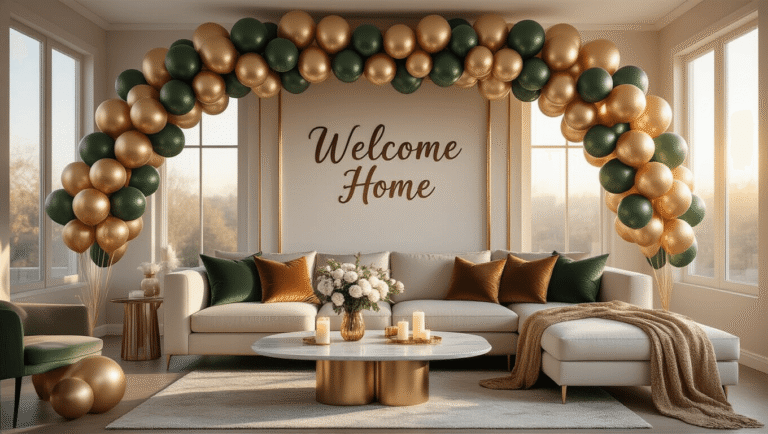 Cinematic wide shot of a modern living room decorated for a welcome home celebration, featuring metallic gold, cream, and sage green balloons, a "Welcome Home" banner, and a marble coffee table with white flowers and candles, illuminated by warm golden hour sunlight.