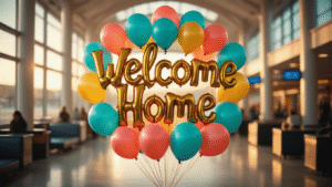 Welcome Home Balloons: Everything You Need to Know About Creating the Perfect Homecoming Display Cinematic wide shot of a vibrant "Welcome Home" balloon display in an airport terminal, featuring a large gold foil balloon surrounded by coral, turquoise, and sunny yellow latex balloons, with soft natural light enhancing textures and reflections. A bustling baggage claim area in soft focus adds to the warm atmosphere of joyful reunion.