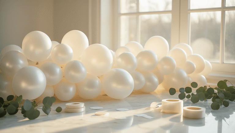 Cinematic wide shot of an elegant white balloon garland preparation scene with varying sizes of pearlescent balloons on a marble surface, featuring soft golden hour lighting, scattered crafting materials, and eucalyptus sprigs, creating a warm and inviting atmosphere.