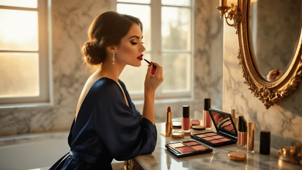 A woman in a navy silk dress applies red lipstick in a luxurious marble bathroom, bathed in warm golden hour sunlight, surrounded by elegant makeup products.