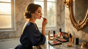 A woman in a navy silk dress applies red lipstick in a luxurious marble bathroom, bathed in warm golden hour sunlight, surrounded by elegant makeup products.