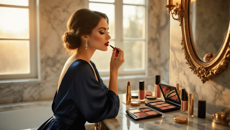 A woman in a navy silk dress applies red lipstick in a luxurious marble bathroom, bathed in warm golden hour sunlight, surrounded by elegant makeup products.