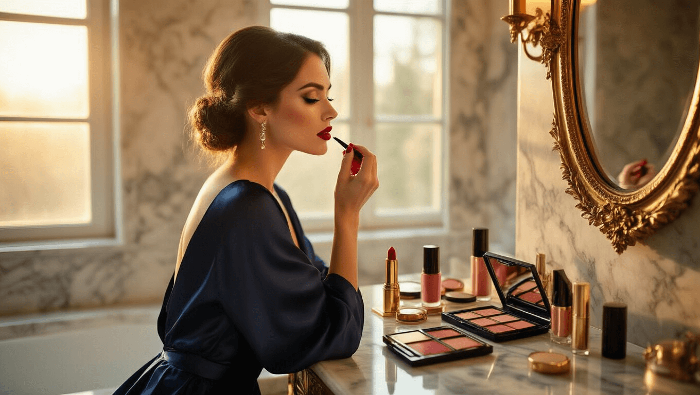 A woman in a navy silk dress applies red lipstick in a luxurious marble bathroom, bathed in warm golden hour sunlight, surrounded by elegant makeup products.