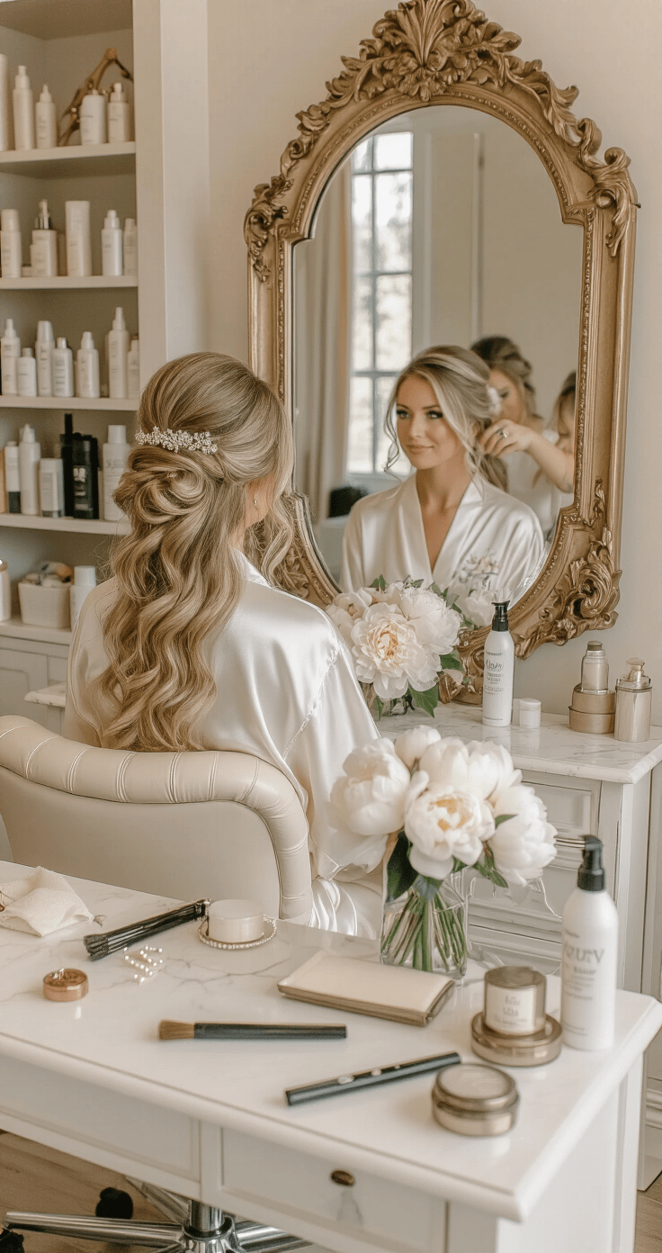 A bride in a silk ivory robe with lace trim sits in an elegant salon chair, facing an ornate vintage mirror, as a stylist works on her intricate updo. Soft morning light highlights her cascading blonde curls and delicate pearl accessories, with a marble vanity scattered with hair tools. She gently holds a bouquet of white peonies, exuding serenity and anticipation.