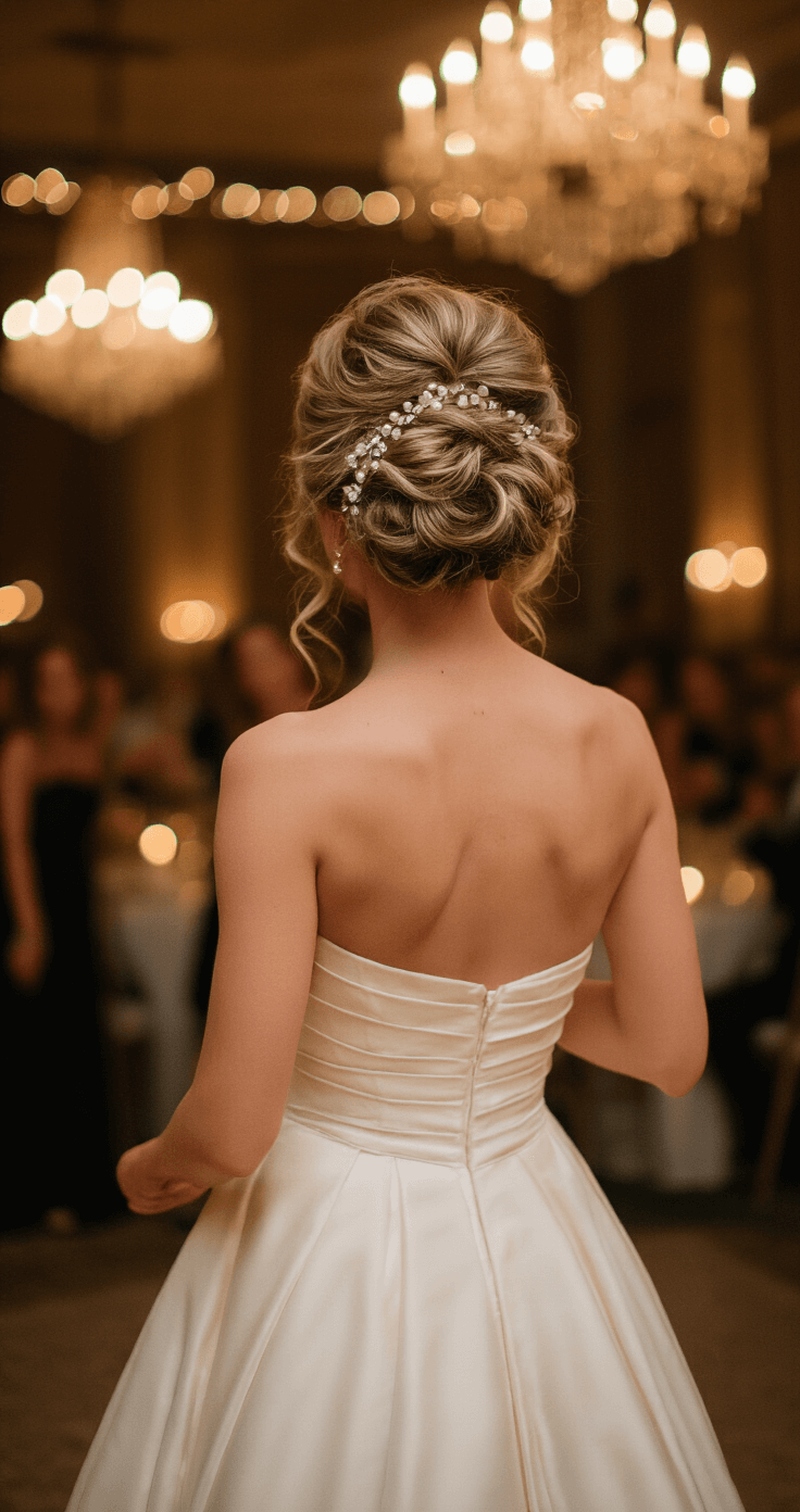 A bride in a strapless ivory gown dances at her wedding reception under warm amber lighting, her textured messy bun adorned with subtle pearls, showcasing professional longevity in hairstyling amidst a dreamy, romantic atmosphere.