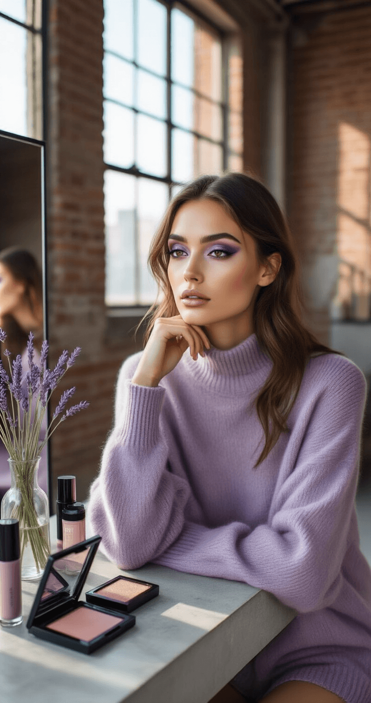 A beauty portrait of a model with brown eyes enhanced by subtle purple eyeshadow, seated at a modern concrete vanity in a sophisticated urban loft. Soft afternoon light filters through industrial windows, highlighting her lavender cashmere sweater and the muted plum and dusty mauve eyeshadow. The setting features exposed brick, sleek beauty products, and fresh lavender sprigs in a minimalist vase, creating an elegant contrast of colors and textures.