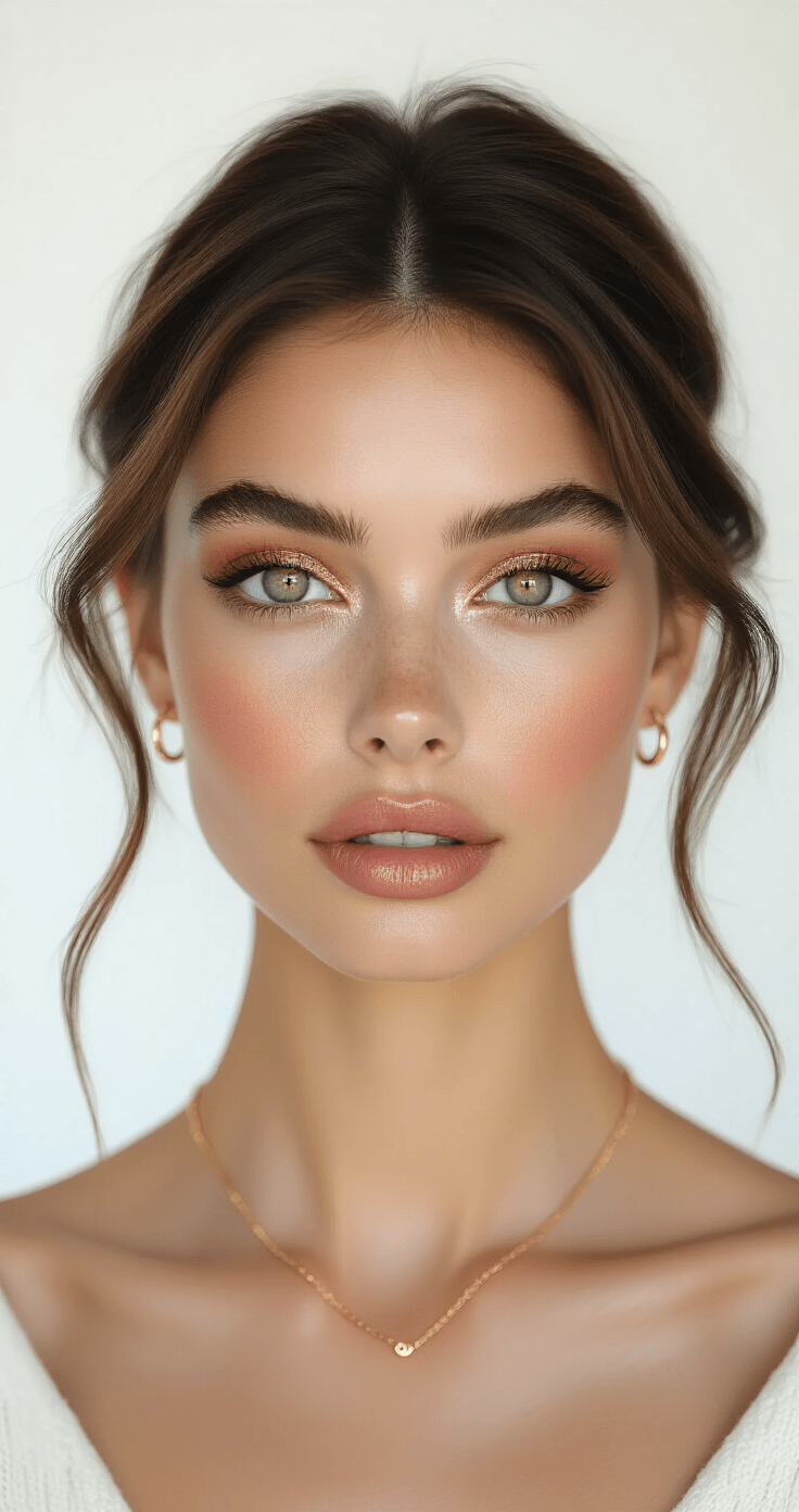 A close-up of a model with captivating green eyes wearing warm copper and gold bridal makeup in a minimalist white studio, featuring delicate rose gold jewelry and a soft cashmere backdrop, showcasing detailed shimmer and texture.