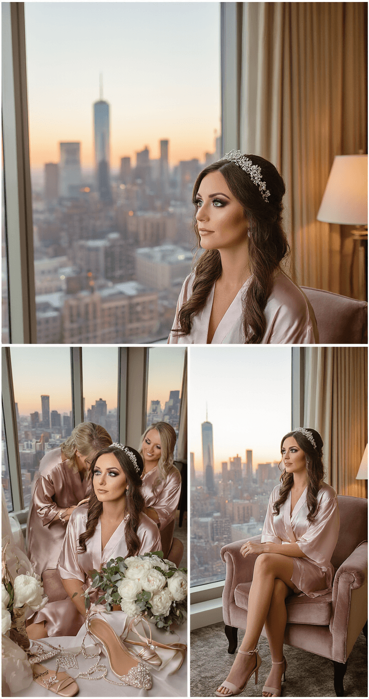 An elegant bridal preparation scene in a luxurious hotel suite with bridesmaids in silk robes, the bride in a velvet armchair receiving makeup, dramatic eye makeup, scattered bridal accessories, and warm lighting creating a cozy atmosphere.