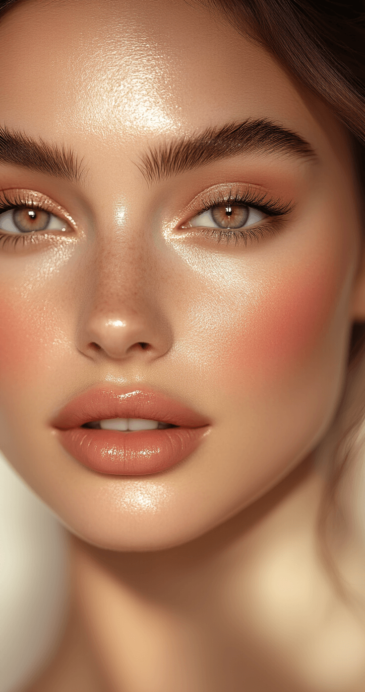 Natural Glowy Wedding Makeup That Actually Looks Like You (Just Better) Close-up of a bride's face in soft morning light, showcasing a natural glowy makeup look with dewy skin, blended bronzer and blush, shimmering eyes, glossed lips, and perfectly groomed brows.