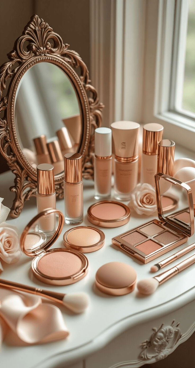 Natural Glowy Wedding Makeup That Actually Looks Like You (Just Better) An elegant bridal beauty flatlay featuring an ornate antique mirror, a collection of glowy makeup products including liquid highlighter, cream bronzers, and peachy blushes, arranged on a white lacquered surface. The scene is enhanced by soft natural light, silk hair ribbons, and delicate pearl accessories, with warm tones of champagne, rose gold, and ivory, complemented by fresh white flowers and glass perfume bottles.