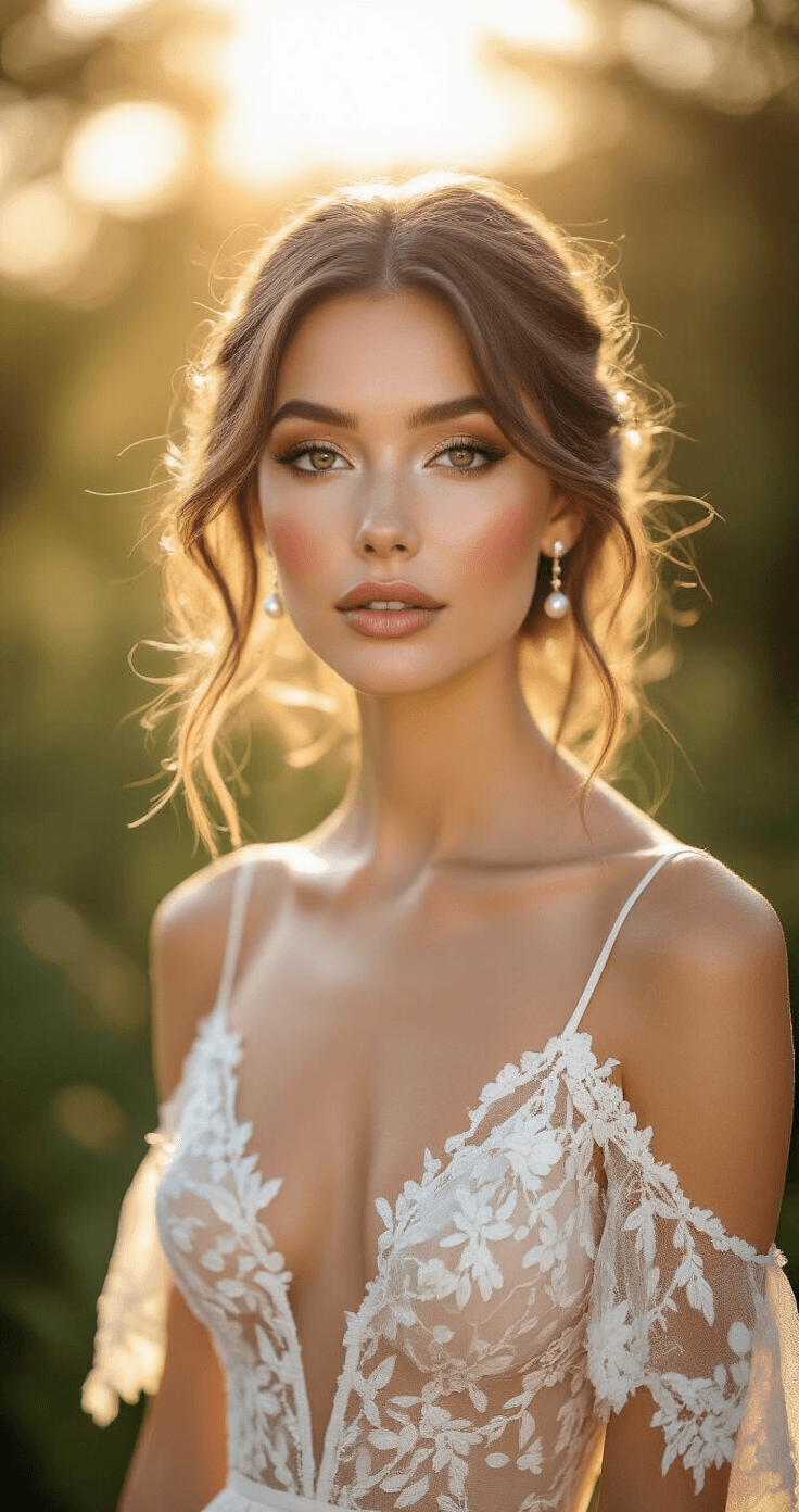 A bride in a bohemian lace dress stands in a sunlit garden during golden hour, showcasing natural glowy makeup with dewy skin, soft brown eyeshadow, and glossy nude pink lips, complemented by pearl drop earrings and delicate hair accessories. The warm light enhances her peachy blush and bronzed glow amidst a softly focused garden backdrop.