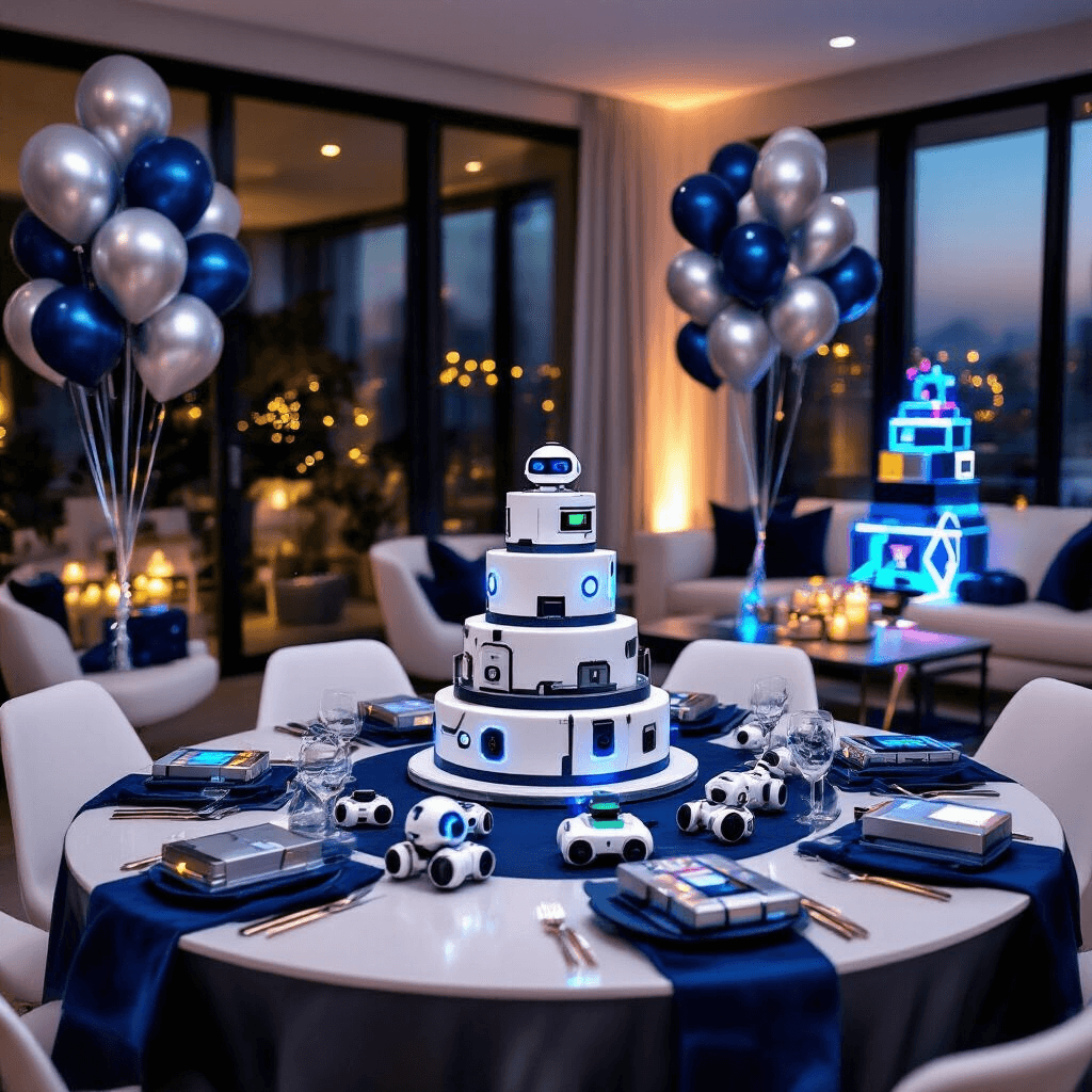 Wide-angle shot of an elegant indoor birthday party setup in a modern apartment, featuring a tech-themed celebration for an 11-year-old with a tiered robot cake, Sphero Mini robots as centerpieces, and a gift table adorned with metallic silver and electric blue wrapping paper, all illuminated by soft lighting and RGB string lights.