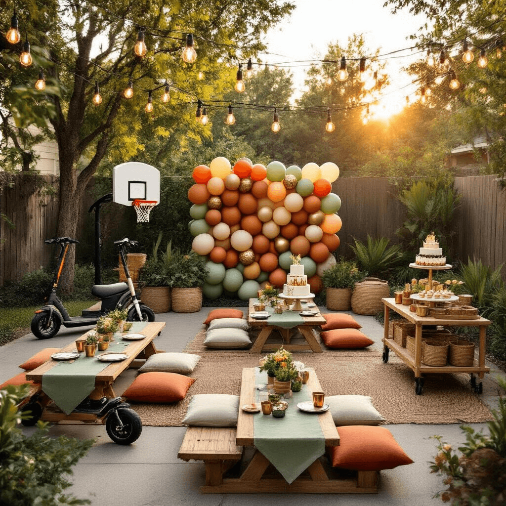 Overhead view of a golden hour outdoor birthday party in a stylish suburban backyard, featuring low picnic tables with sage green linen runners, terracotta and cream floor cushions, a dessert cart with a sports-themed cake, and a balloon wall in earthy hues, all illuminated by string Edison bulbs.