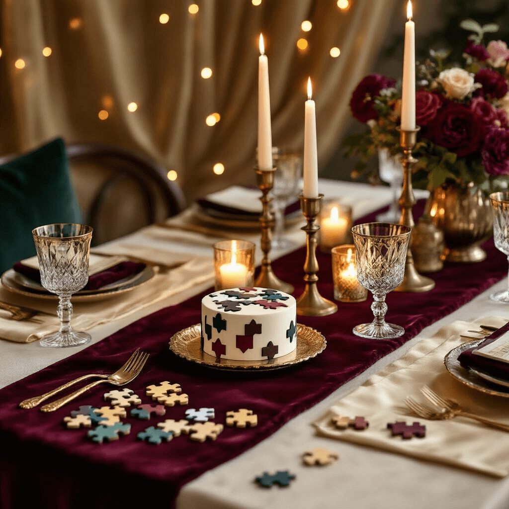 Intimate candlelit birthday dinner setup featuring a burgundy velvet table runner, cream silk placemats, brass candlesticks, and a centerpiece of brainteaser puzzles around a geometric fondant cake, accented by sheer gold drapery and fairy lights, all in rich jewel tones.