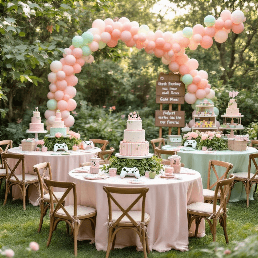 A whimsical garden party set in soft morning light, featuring round tables with blush pink and sage green linens, gaming controller planters with ivy, a three-tiered dessert station with a video game cartridge cake, fidget toy favors, vintage wooden signs, pastel balloon garlands, mixed seating for children and adults, fresh florals, sheer fabric draped from trees, and scattered LED gaming lights.
