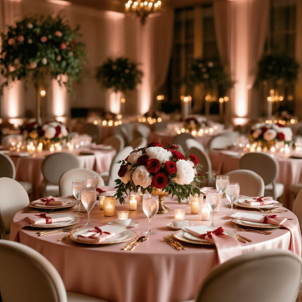 A luxurious ballroom set for a Valentine's Day gift exchange, featuring blush pink silk tablecloths, elegant floral centerpieces, and candlelight ambiance, with beautifully wrapped gifts in pink and gold around the perimeter.