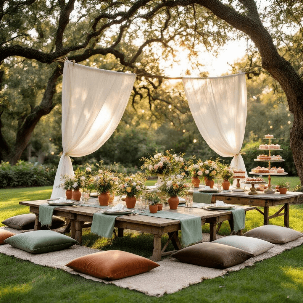A beautifully arranged garden party for Valentine's Day featuring rustic wooden tables adorned with terracotta and sage green table runners, wildflower arrangements in mason jars, and comfortable velvet and linen cushions, all set under antique white drapery and twinkling string lights, with a vintage dessert cart displaying romantic treats amidst coral and peach florals.