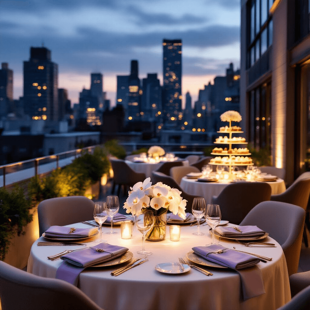 An upscale rooftop terrace Valentine's dinner party featuring intimate dining nooks with round tables dressed in ivory silk linens, minimalist white orchid centerpieces, gold-rimmed place settings, and ambient fairy lights, set against a sophisticated urban skyline.