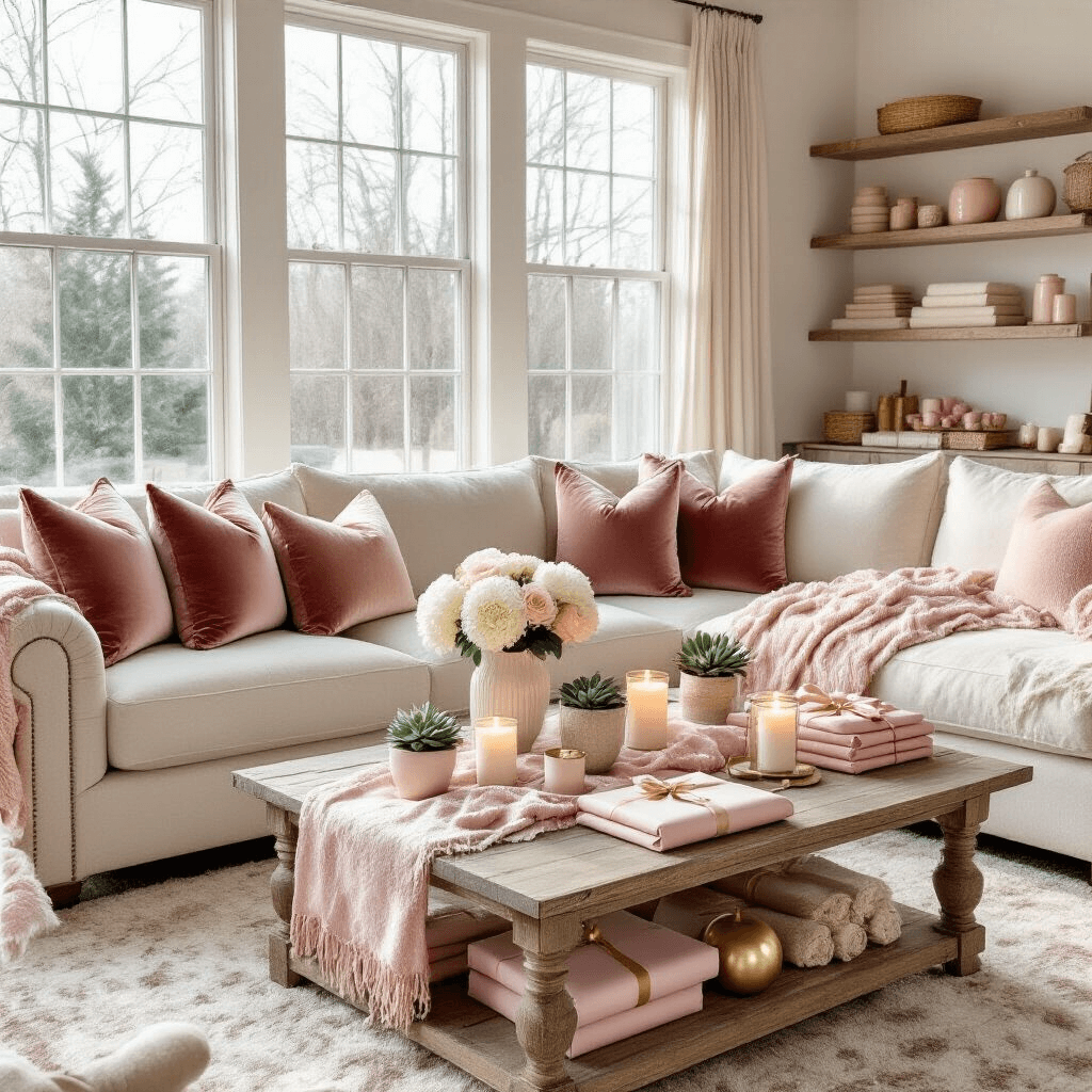 A cozy living room decorated for Valentine's Day, featuring a cream sectional sofa with rose and champagne pillows, a rustic coffee table with candles and succulents, gift-wrapping supplies on shelves, and fresh flowers in vases, all bathed in soft morning light.